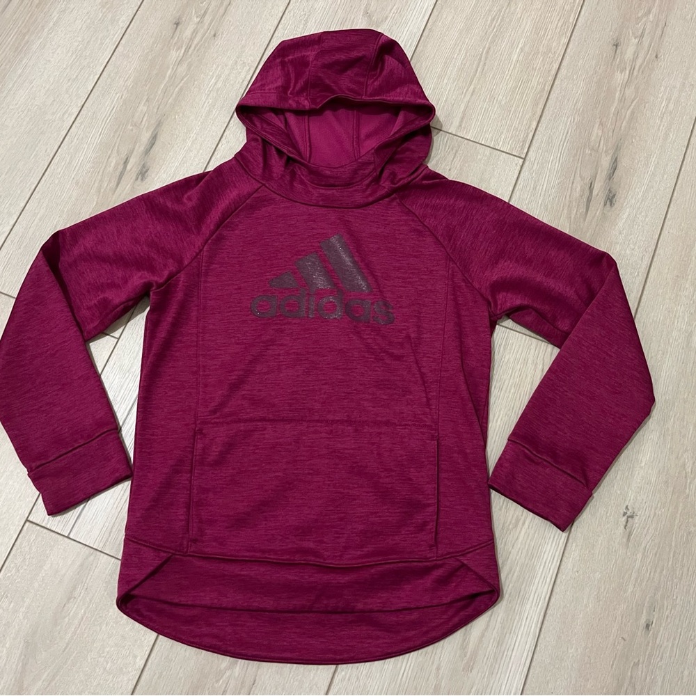 Girls 10-12 Adidas Burgundy Hooded Sweatshirt Exercise wear with logo print